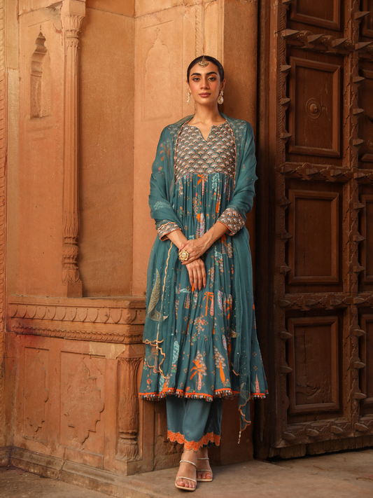 Teal Anarkali Set