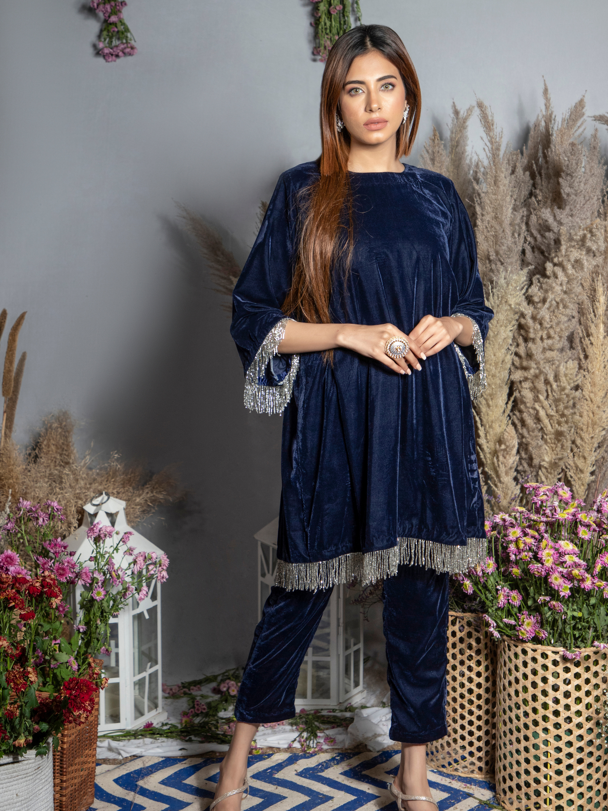 Sapphire Blue Silk Velvet Kurta with Pants