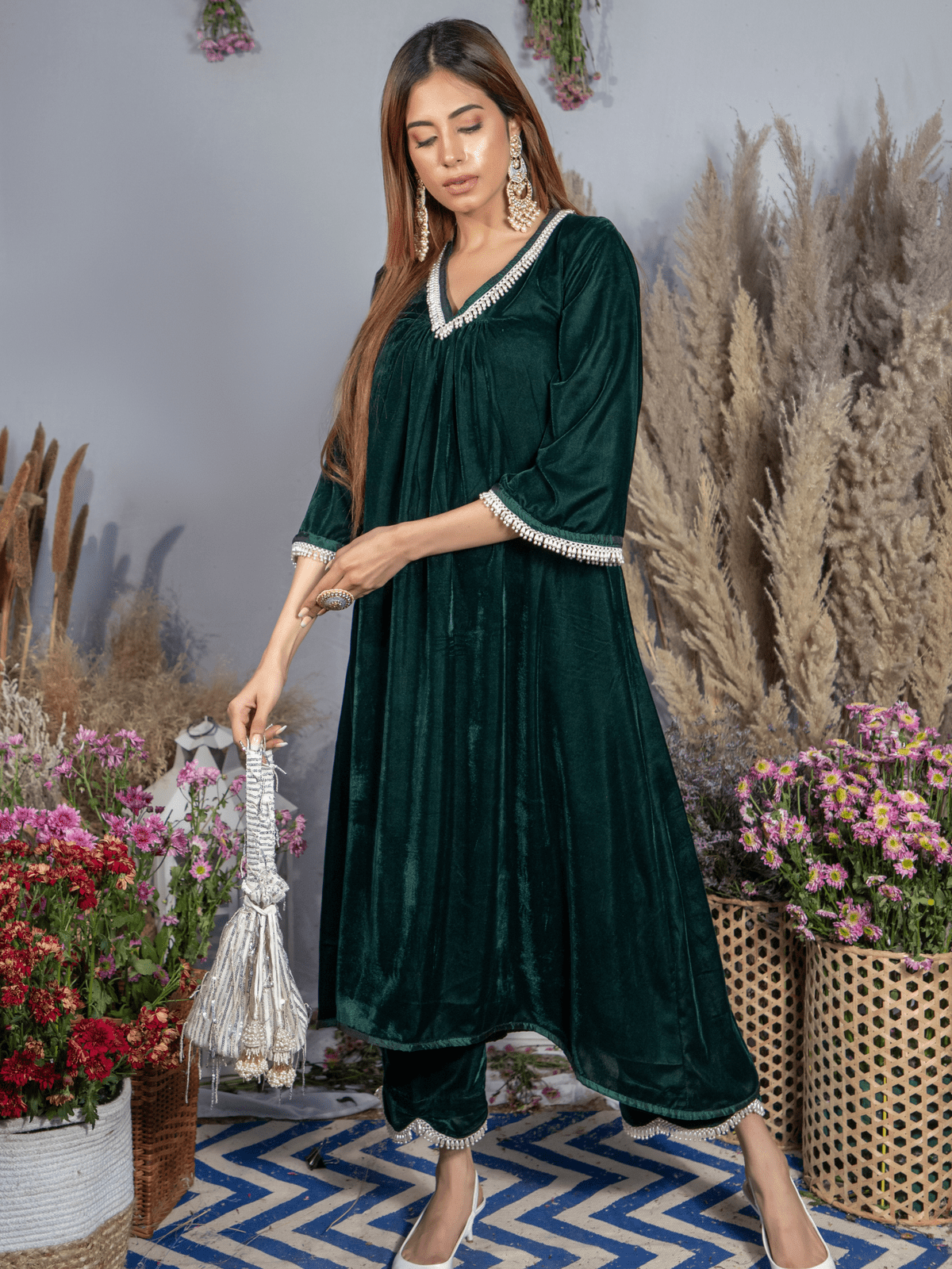 Ahana Ghai- Emerald Green Silk Velvet Kurta with Scallop Pants