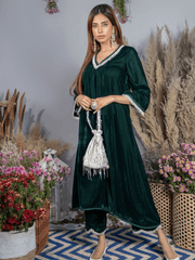 Ahana Ghai- Emerald Green Silk Velvet Kurta with Scallop Pants