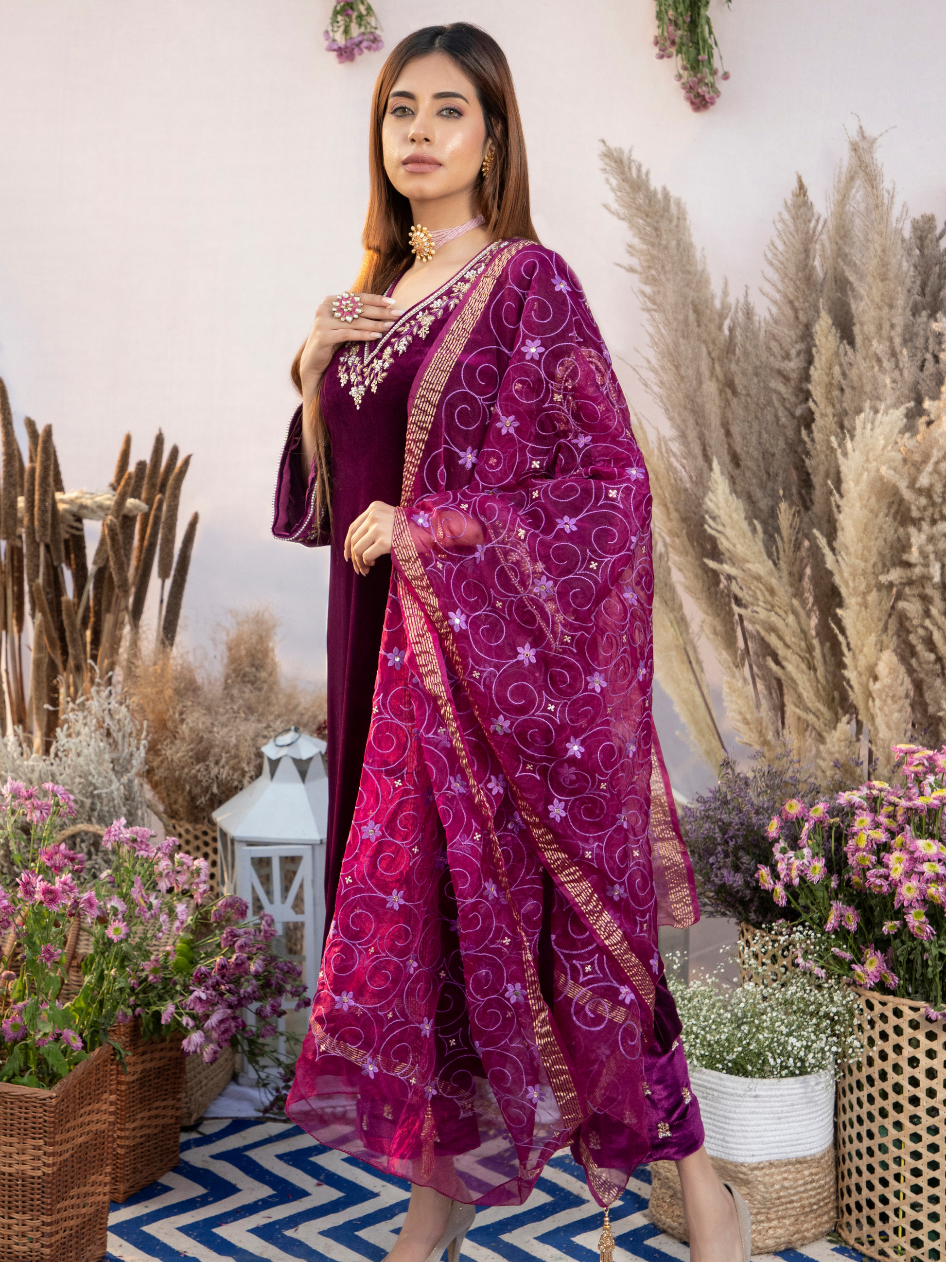 PLUM SILK VELVET KURTA WITH PANTS