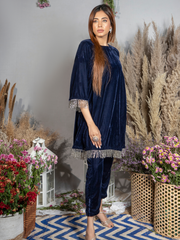 Sapphire Blue Silk Velvet Kurta with Pants