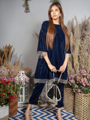 Sapphire Blue Silk Velvet Kurta with Pants