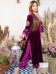 PLUM SILK VELVET KURTA WITH PANTS