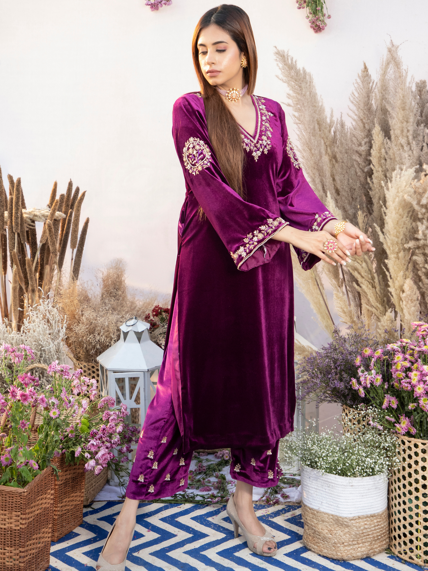 PLUM SILK VELVET KURTA WITH PANTS