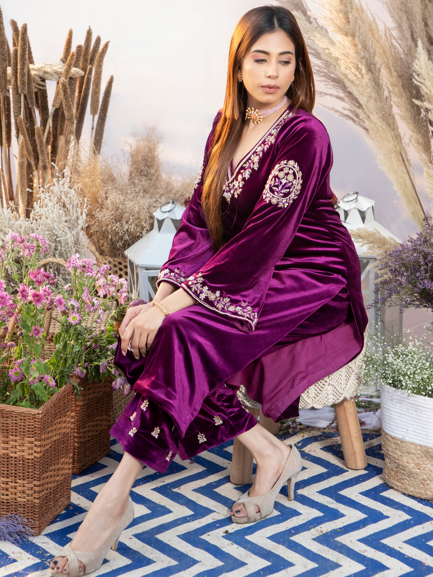 PLUM SILK VELVET KURTA WITH PANTS