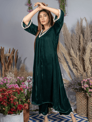 Ahana Ghai- Emerald Green Silk Velvet Kurta with Scallop Pants