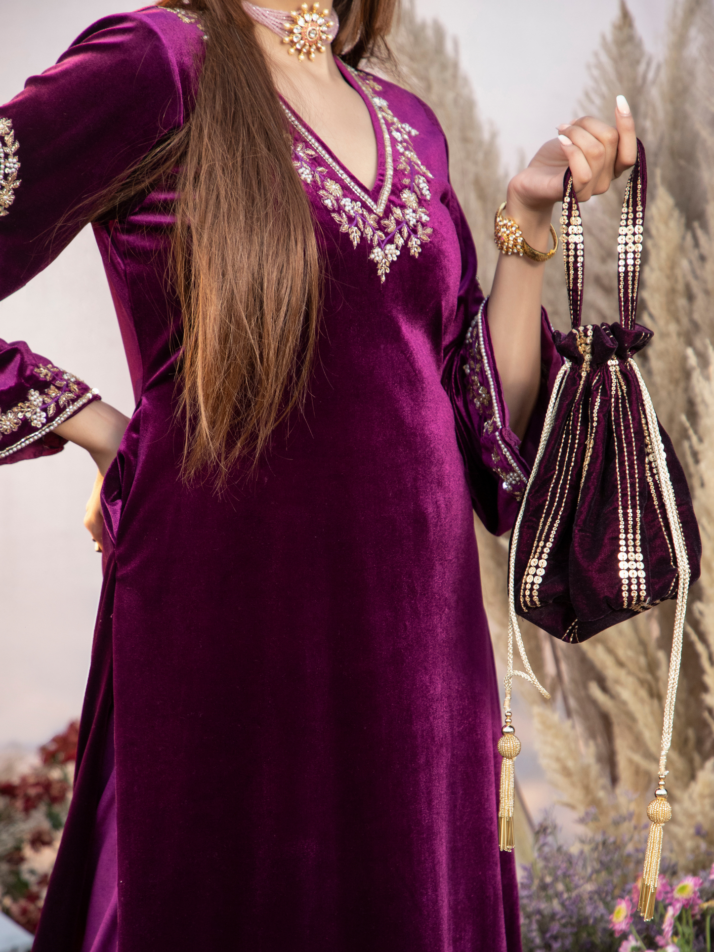 PLUM SILK VELVET KURTA WITH PANTS