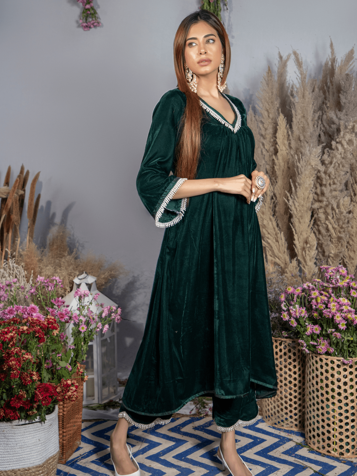 Ahana Ghai- Emerald Green Silk Velvet Kurta with Scallop Pants