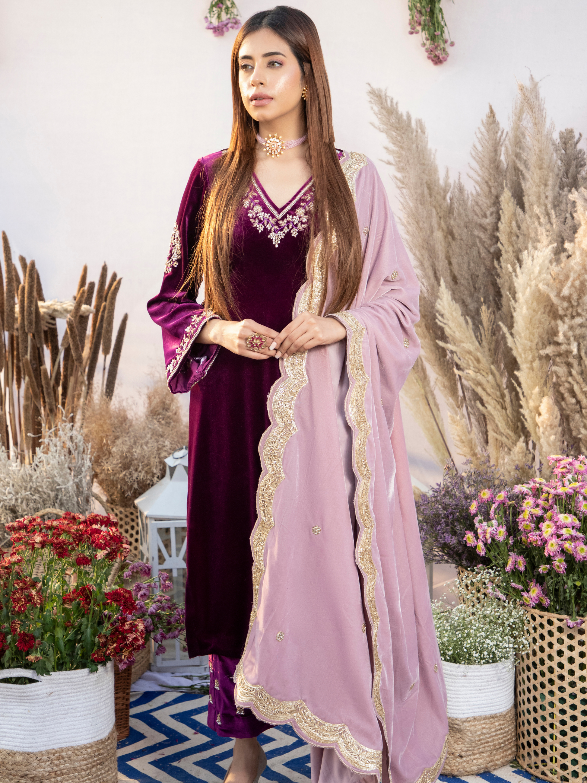 PLUM SILK VELVET KURTA WITH PANTS