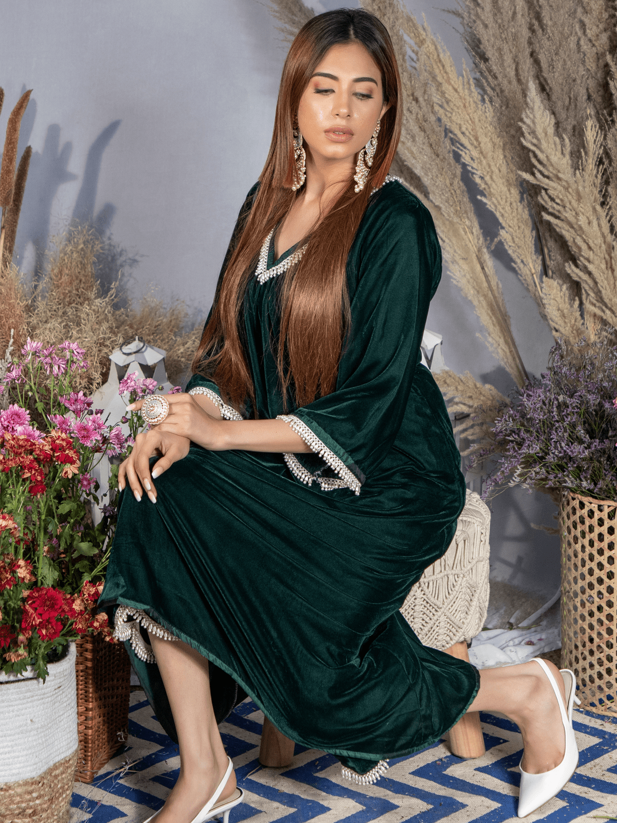 Ahana Ghai- Emerald Green Silk Velvet Kurta with Scallop Pants