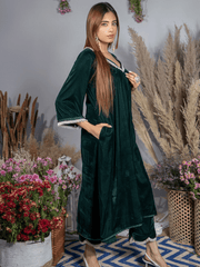 Ahana Ghai- Emerald Green Silk Velvet Kurta with Scallop Pants