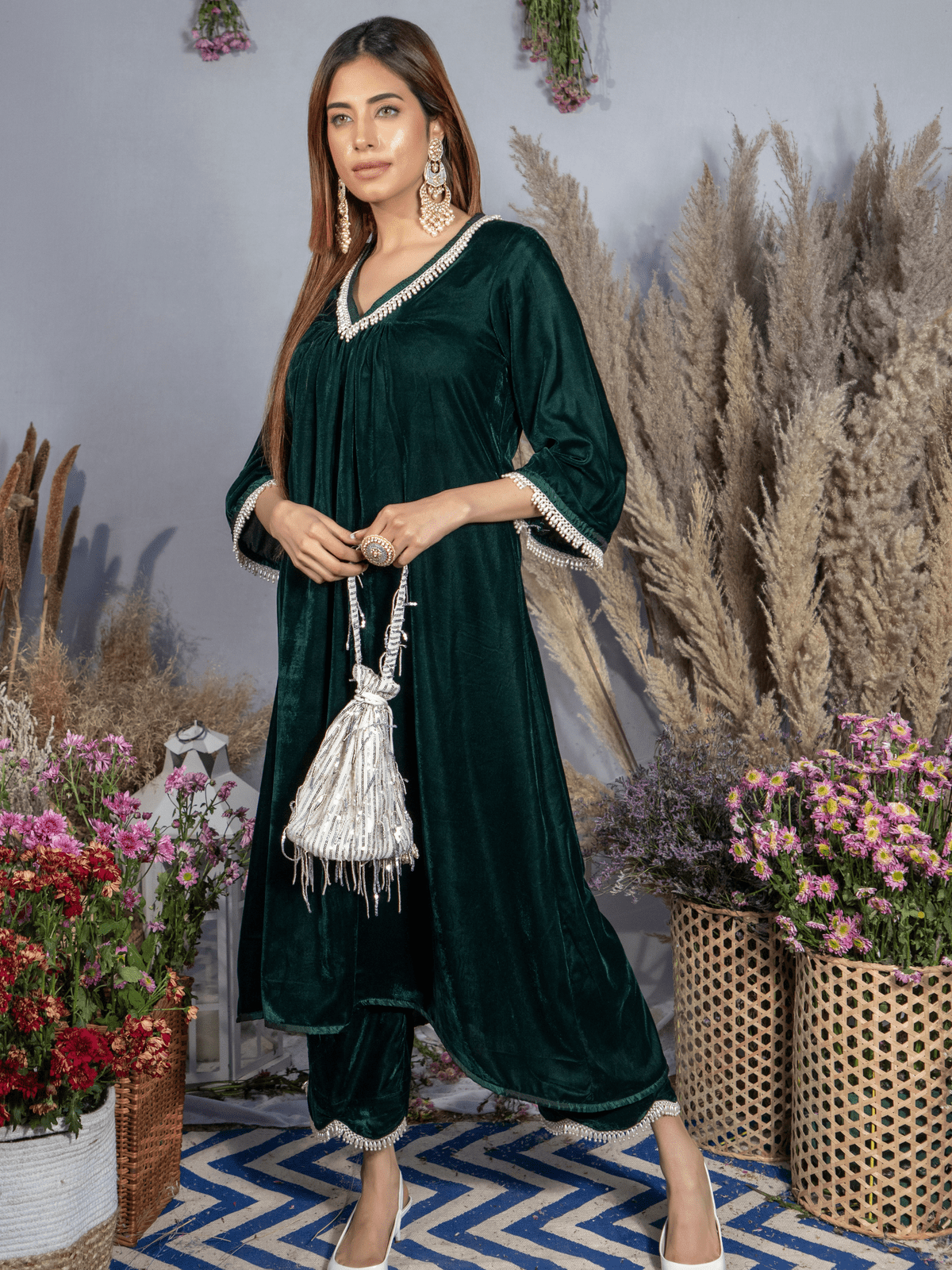 Ahana Ghai- Emerald Green Silk Velvet Kurta with Scallop Pants