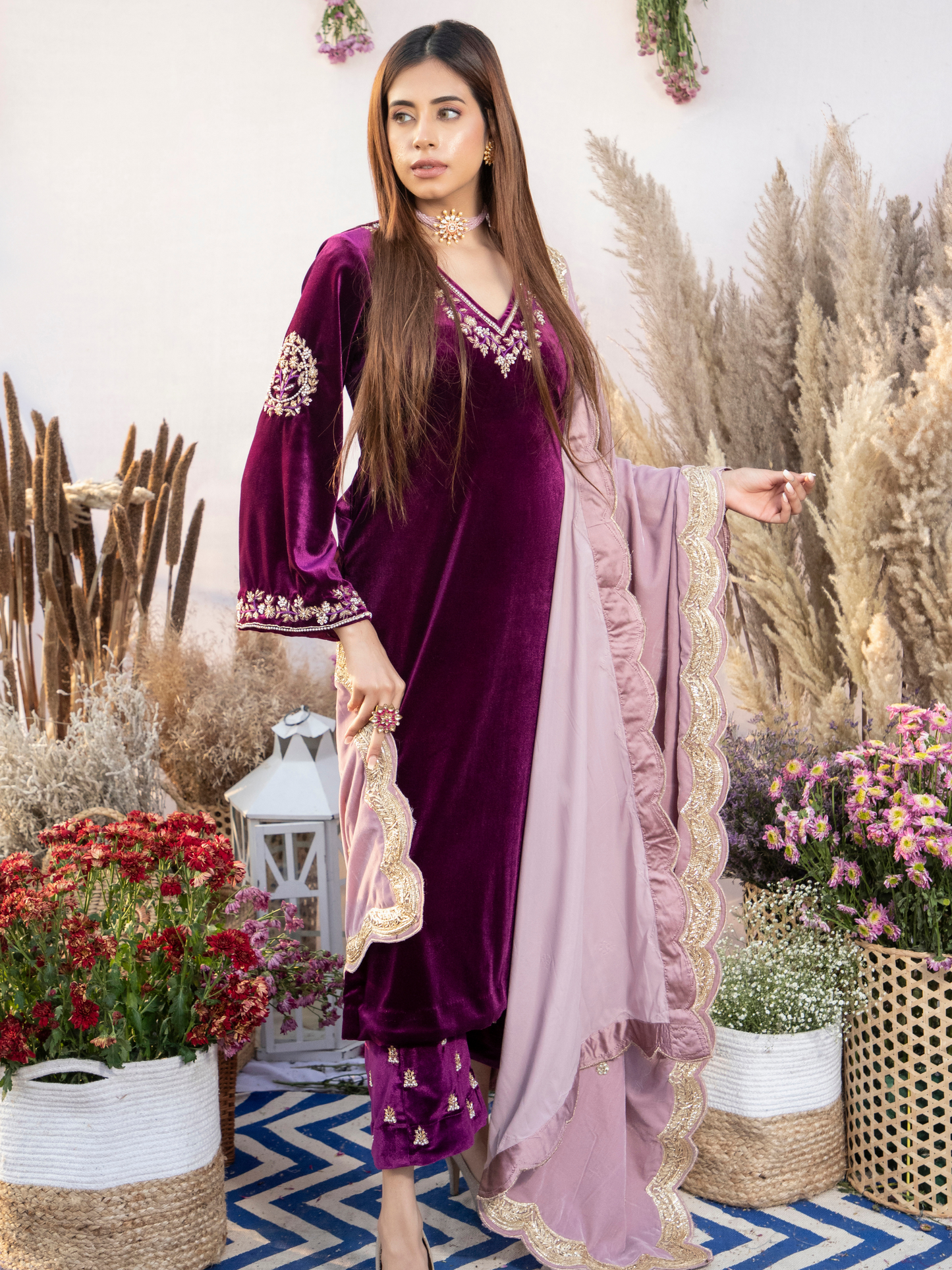 PLUM SILK VELVET KURTA WITH PANTS