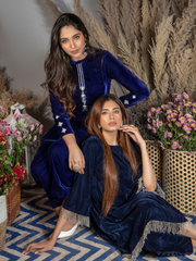 Sapphire Blue Silk Velvet Kurta with Pants