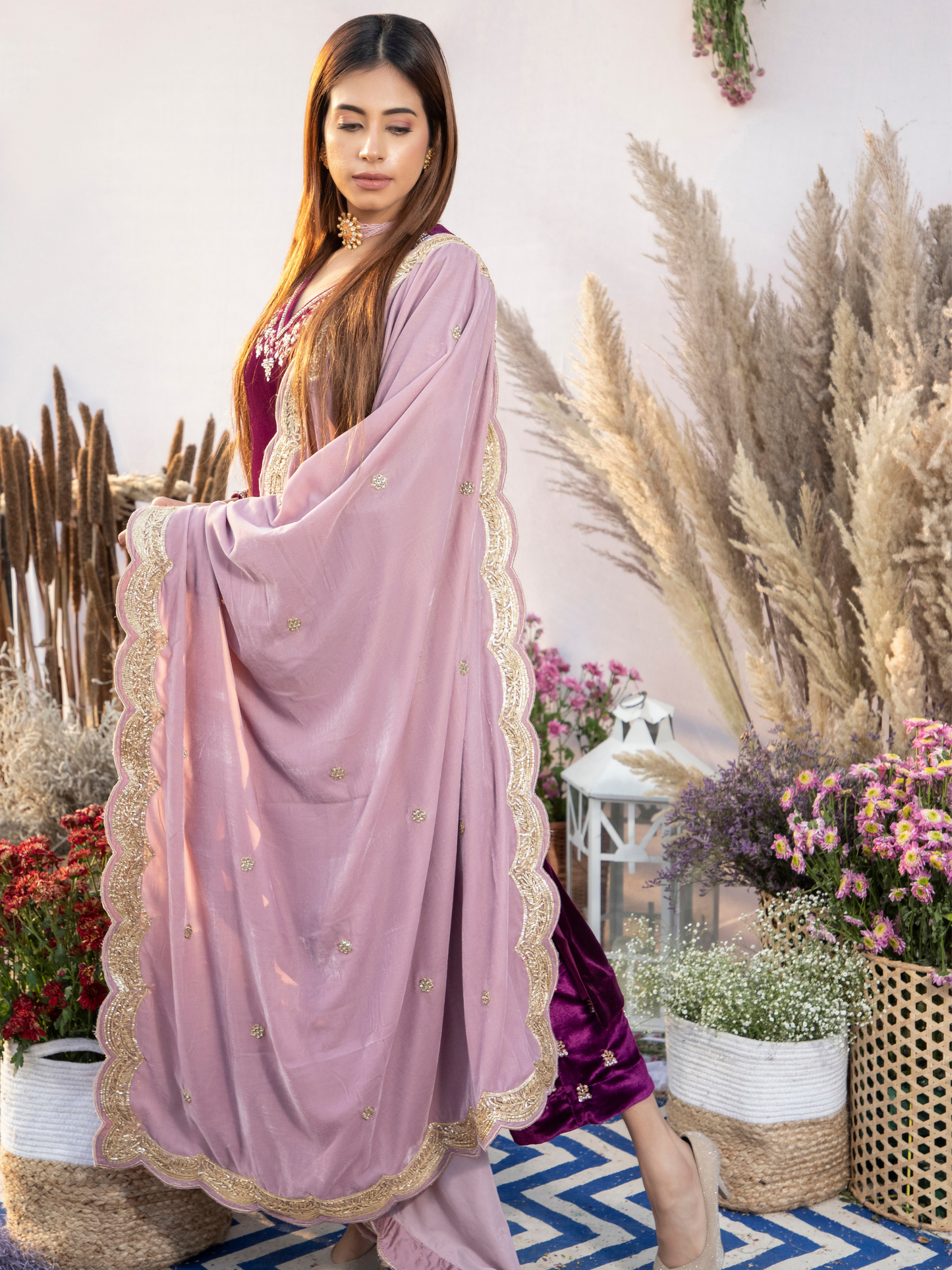 PLUM SILK VELVET KURTA WITH PANTS