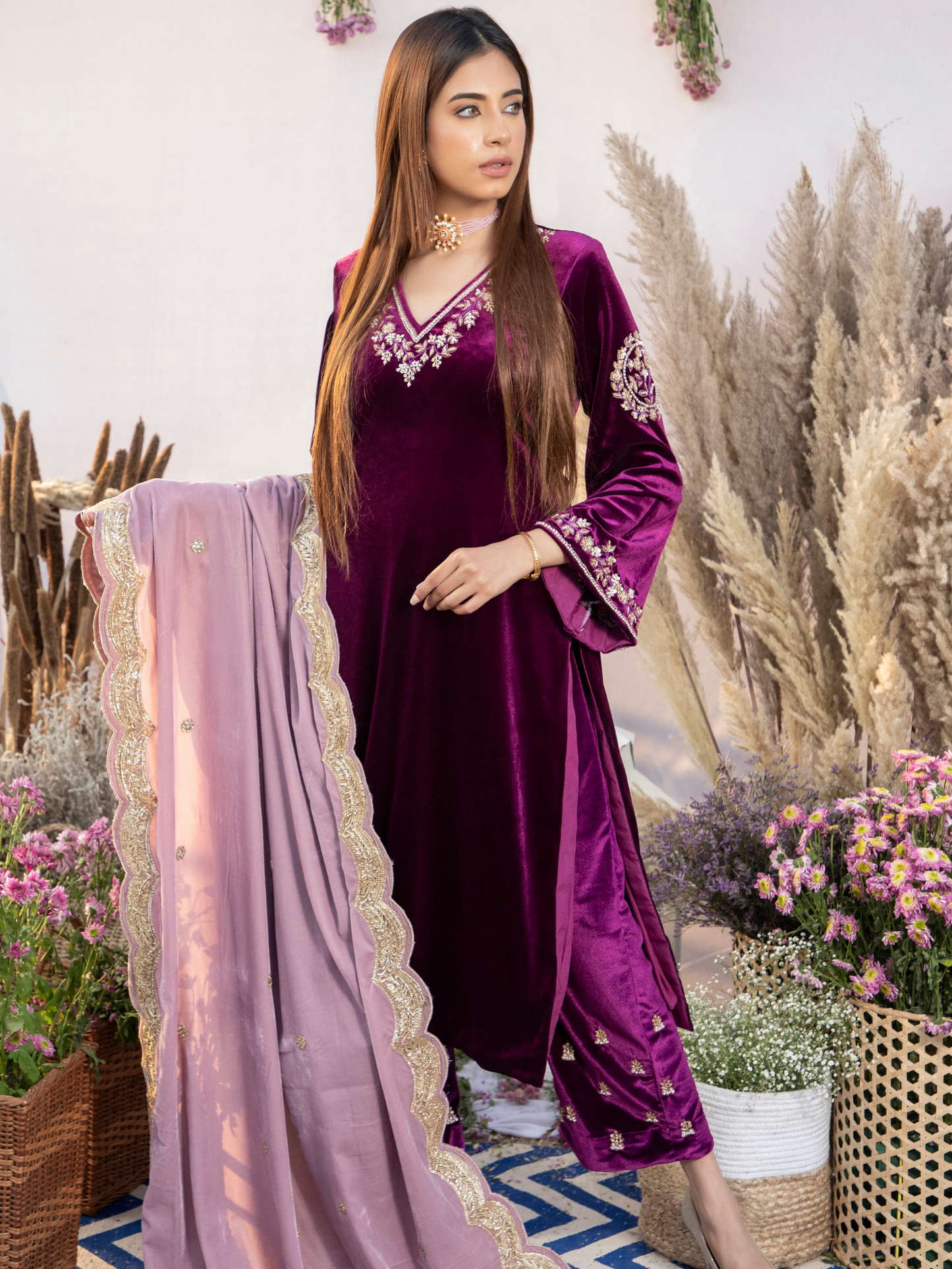 PLUM SILK VELVET KURTA WITH PANTS