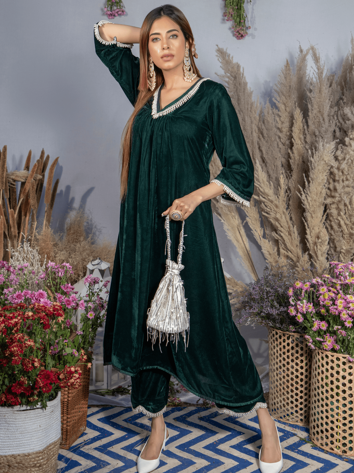 Ahana Ghai- Emerald Green Silk Velvet Kurta with Scallop Pants