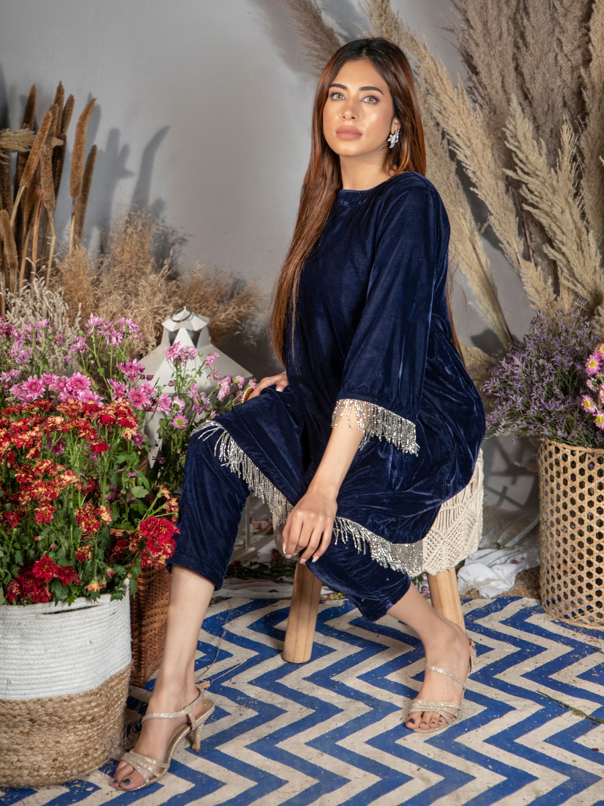 Sapphire Blue Silk Velvet Kurta with Pants