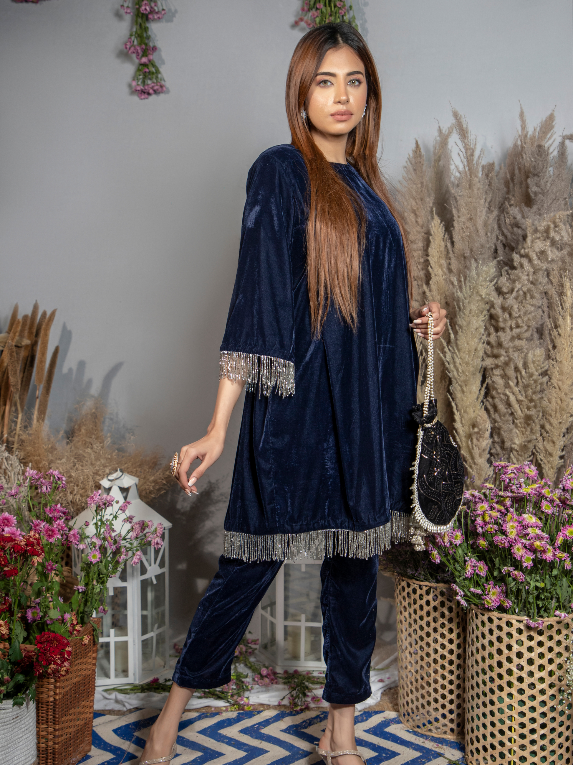 Sapphire Blue Silk Velvet Kurta with Pants