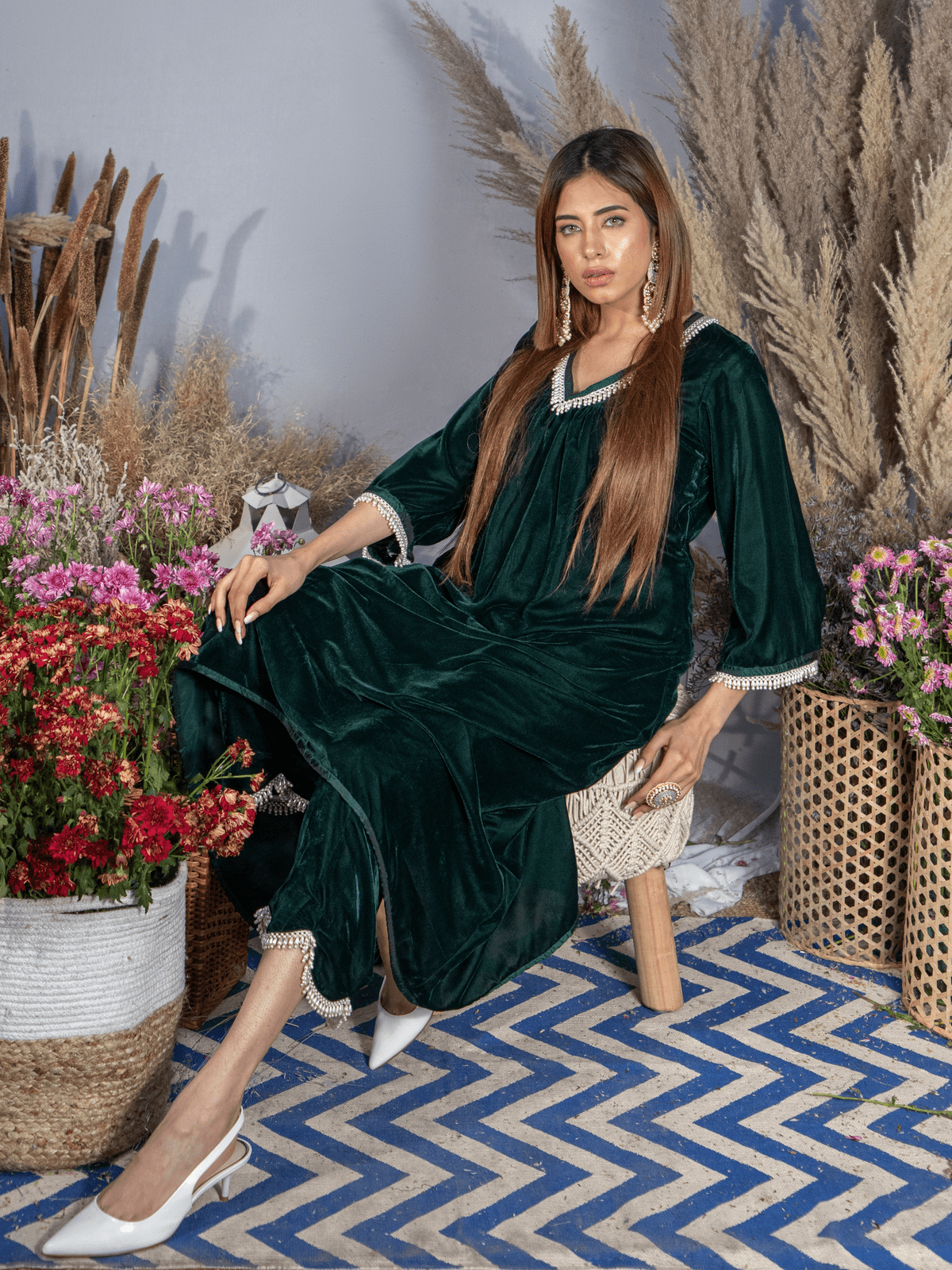 Ahana Ghai- Emerald Green Silk Velvet Kurta with Scallop Pants