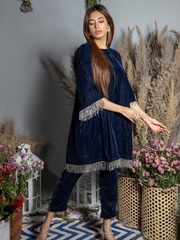 Sapphire Blue Silk Velvet Kurta with Pants