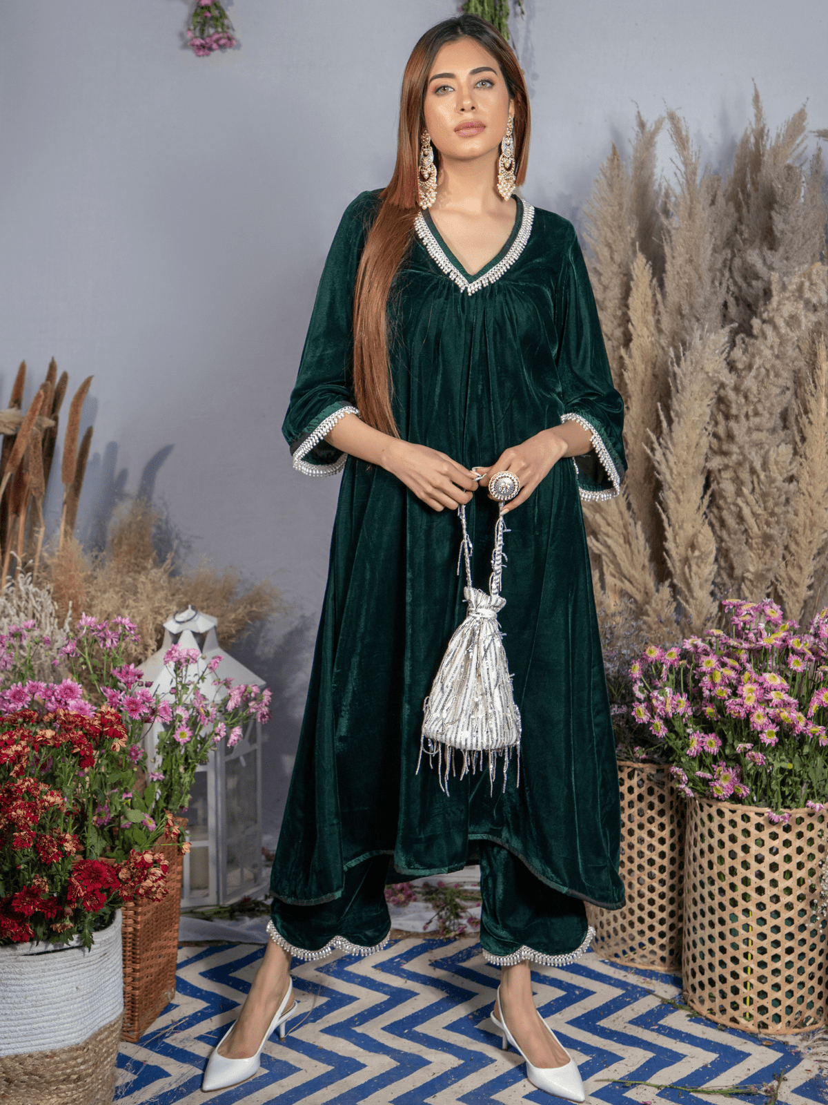 Ahana Ghai- Emerald Green Silk Velvet Kurta with Scallop Pants